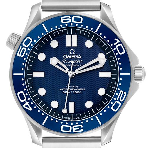 The image shows a frontal view of the Omega Seamaster 210.30.42.20.03.002 Men's Stainless Steel Blue Dial, highlighting its dial, bezel, hands, and crown.